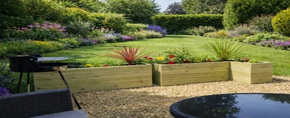 Wooden raised garden planters in a garden setting