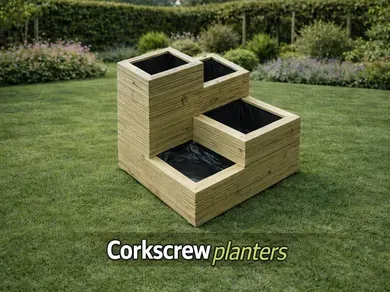 View corkscrew shaped wooden tower planters.